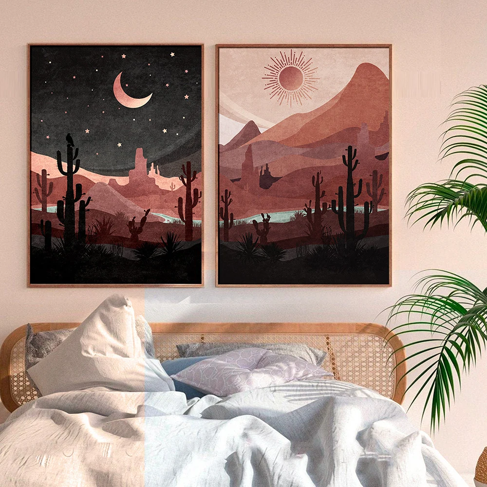 

Boho Poster Day and Night Western Desert Landscape Print Canvas Painting Wall Art Pictures Cactus Interior Living Room Home Deco