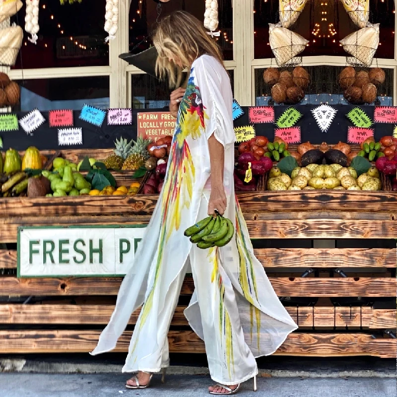 

2021 Boho Parrot Printed Bikini Cover-ups White Chiffon Tunic Plus Size Long Kimono Women Beach Wear Swim Suit Cover Up
