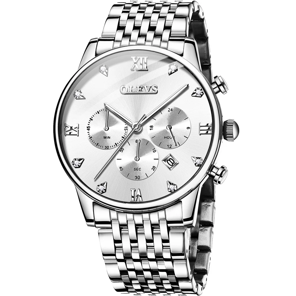 

Men's Silver Stopwatch Calendar Chronograph Business Waterproof Watch