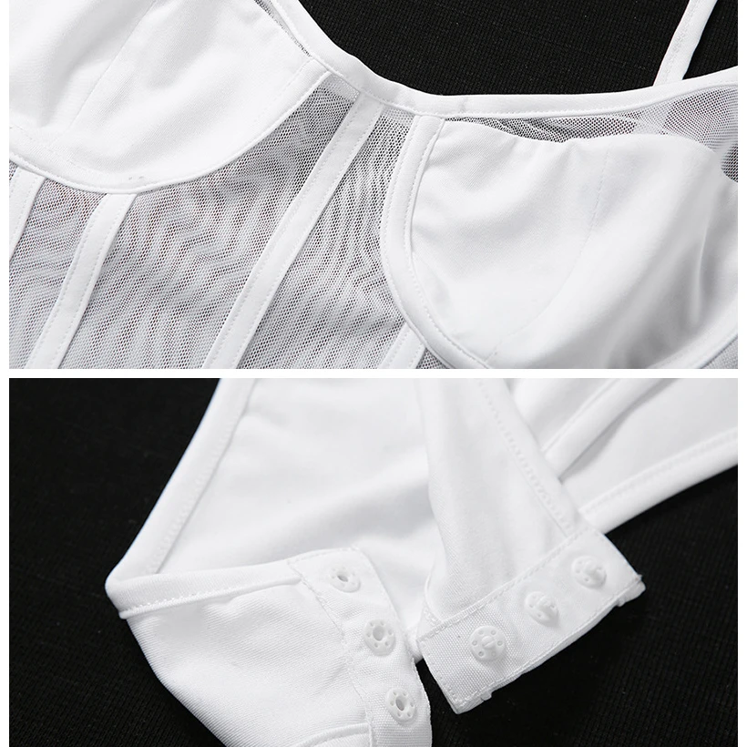 

BOOFEENAA Sexy White Sheer Mesh Bodysuit Women Summer Lingerie Bodycon Spaghetti Strap Backless Bodysuits Body Mujer C83-I44