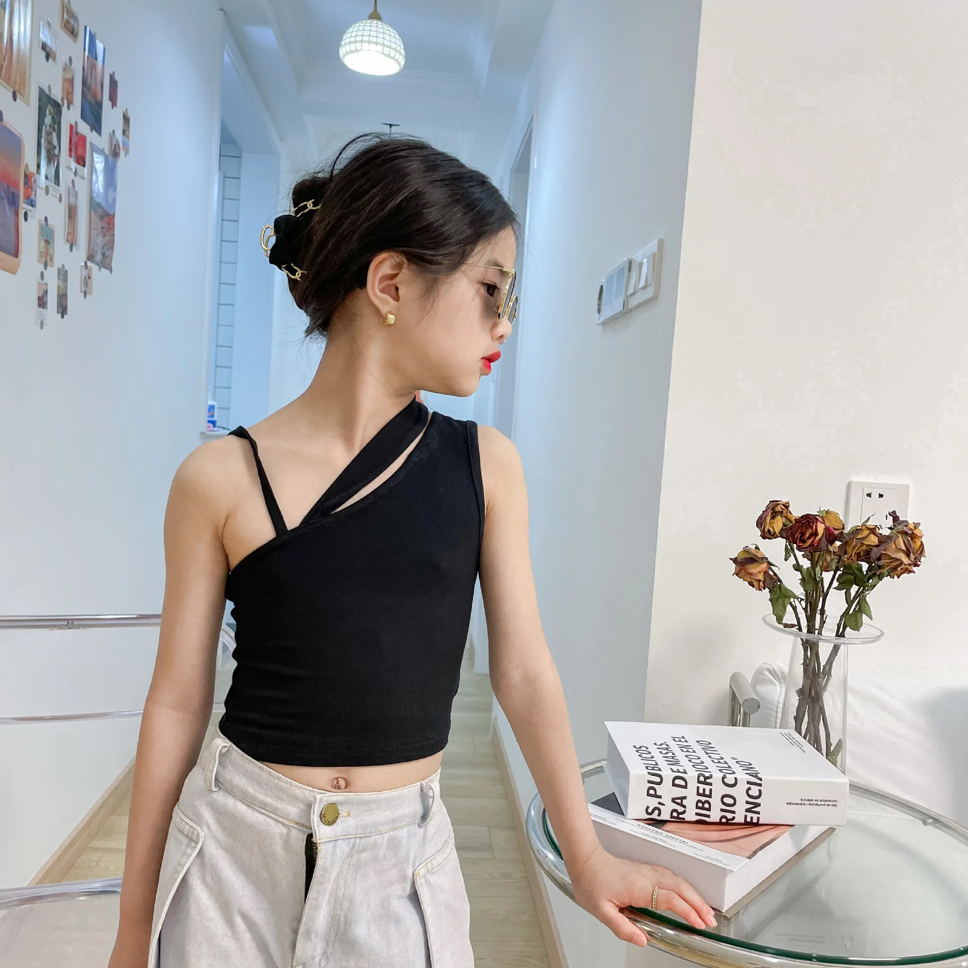

summer tank top baby girls irregular strapless sexy camisole strappy hollow out crop tops bustier streetwear fashion 3 to 16 yrs