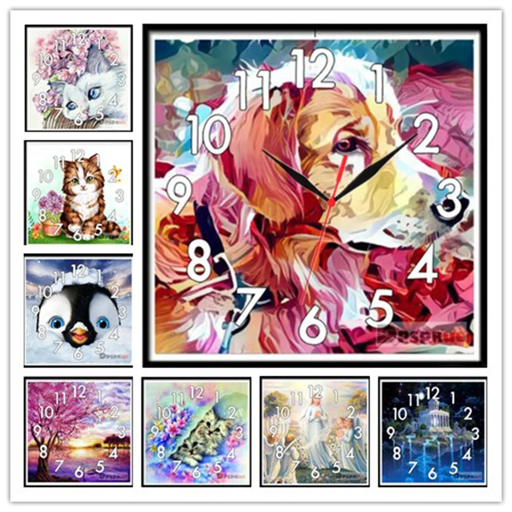 

With Clock Full Drill Diamond Painting Cross Stitch Animal Mosaic 5D Diy Square Round Christmas Cute Animal 3d Embroidery Gift