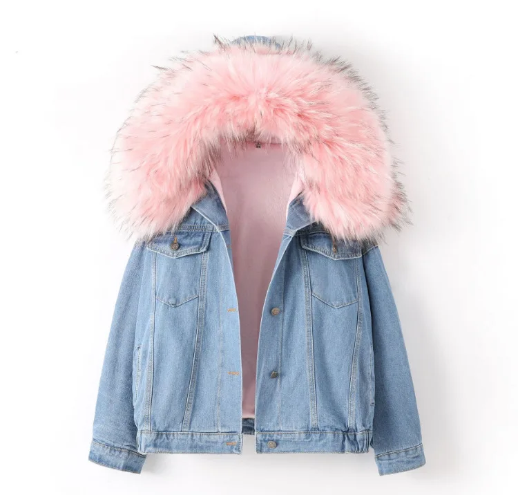 

new Winter Korean thickened Plush wool collar denim coat loose short cashmere wool cotton dress for women