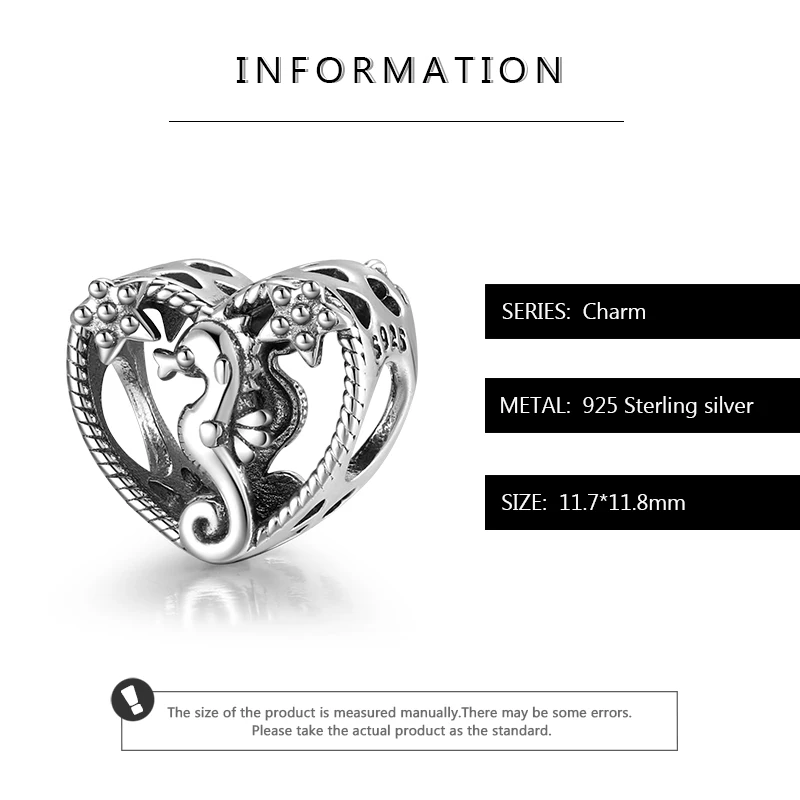 

925 Sterling Silver Love heart shape Princess Seahorse Charms for Jewelry making fits DIY Bracelets Bangles