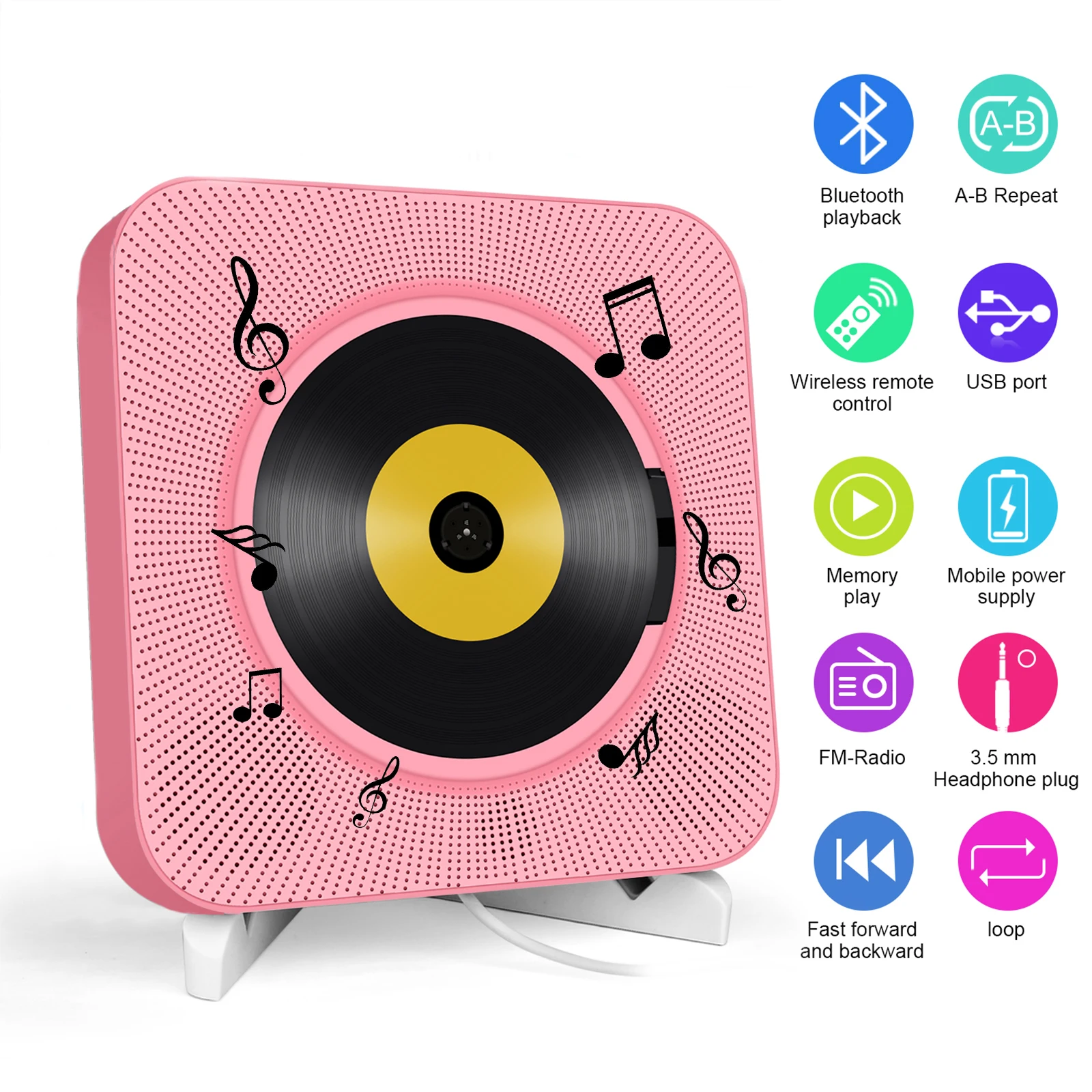

Wall-Mountable and Portable CD Player Bluetooth Speaker Stereo CD Players Music Player with IR Remote Control FM Radio