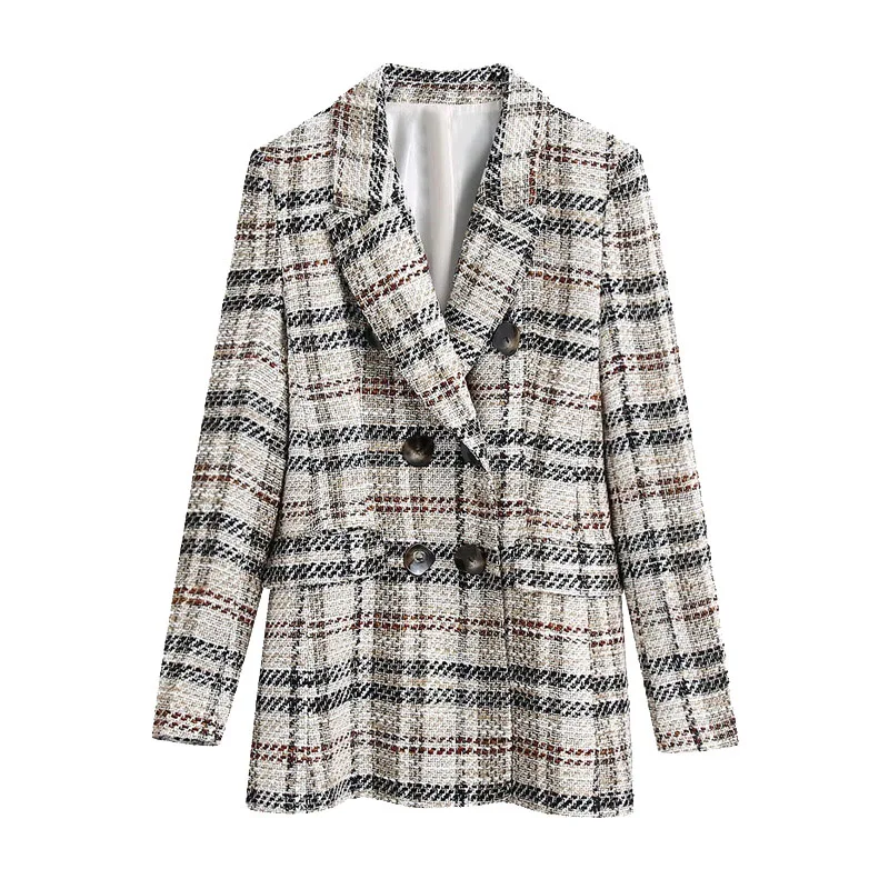 

2021 Commuter Blazer Double-breasted Plaid Tweed Blazer Retro Long Sleeve Slim Temperament Women Fashion Chic Blazers OL