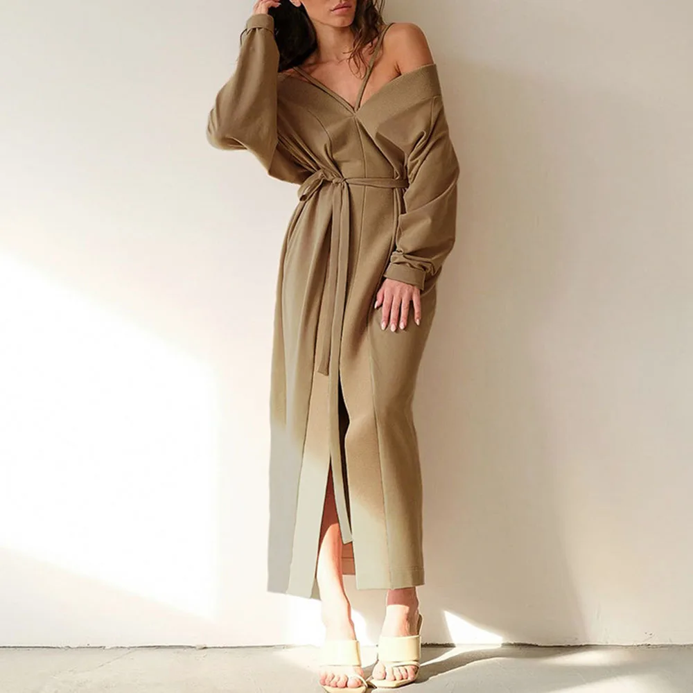 

Dress Autumn Women's Casual Batwing Long Sleeve High Waist Deep V-neck Dress Black Female Elegant Casual Dresse Party Dress