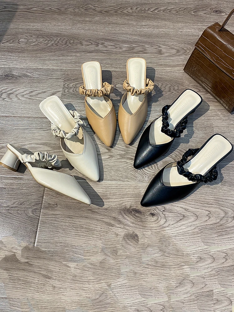 

Shoes Woman 2021 Shallow Med Female Slippers Luxury Slides Square heel Cover Toe Beige Heeled Sandals New Designer Block Black