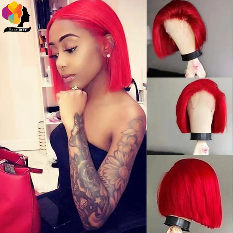 Парик цветной красный короткий Боб 13*4 парики из человеческих волос на сетке