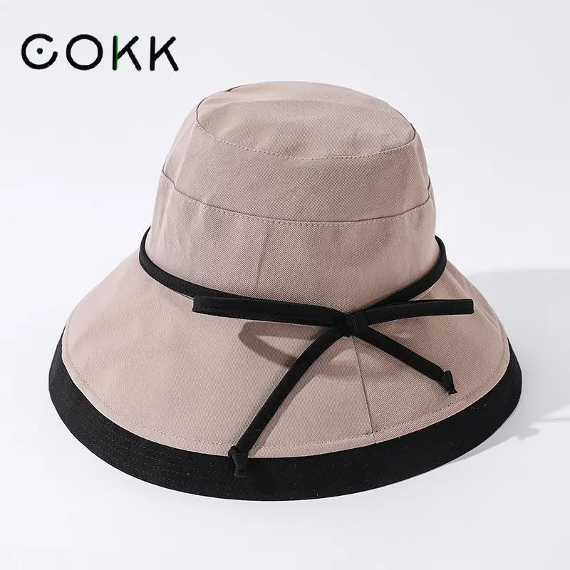 

COKK Панама, Женская весенне-летняя двухцветная шляпа в рыбацком стиле, Женская Солнцезащитная шляпа с широкими полями, Женская Повседневная корейская шляпа