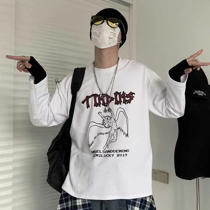 NiceMix весна корейский осень ulzzang Харадзюку улица хип-хоп Темный Ретро Ангел печать футболка ins модная свободная повседневная женская