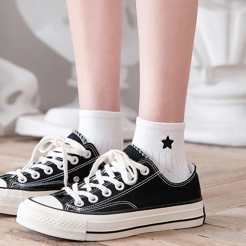 

High Quality Women's Short Socks Cotton Cute Kawaii With Print Embroidery Stars Moon Smile White Black For Girl Student Gift