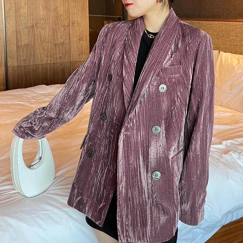 

Spring Vintage Haze Pink Wrinkled Bark Velour Double Breasted Loose Casual Blazers Plus Size Women Suit Jacket Female Streetwear