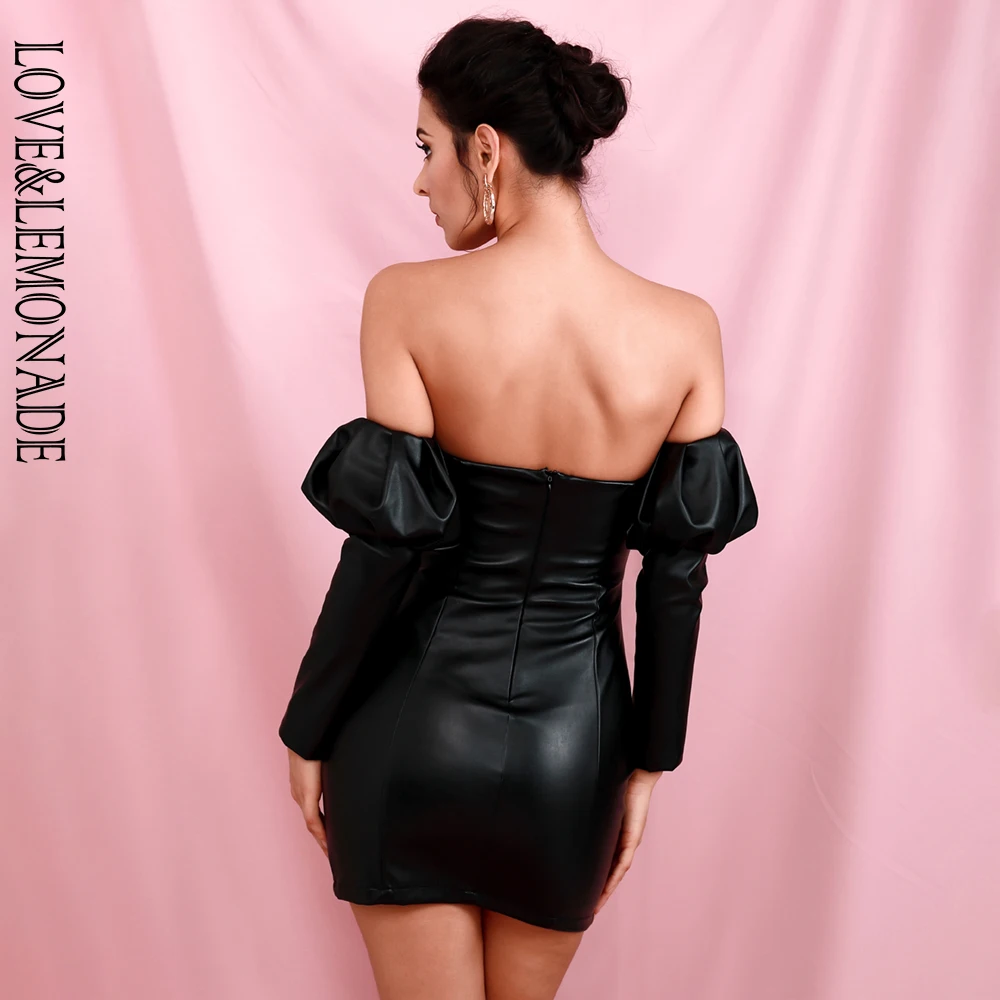 

LOVE&LEMONADE Sexy Black Tube Top V-neck Detachable Bubble Long Sleeve Elastic PU bodycon Party Mini Dress LM82232