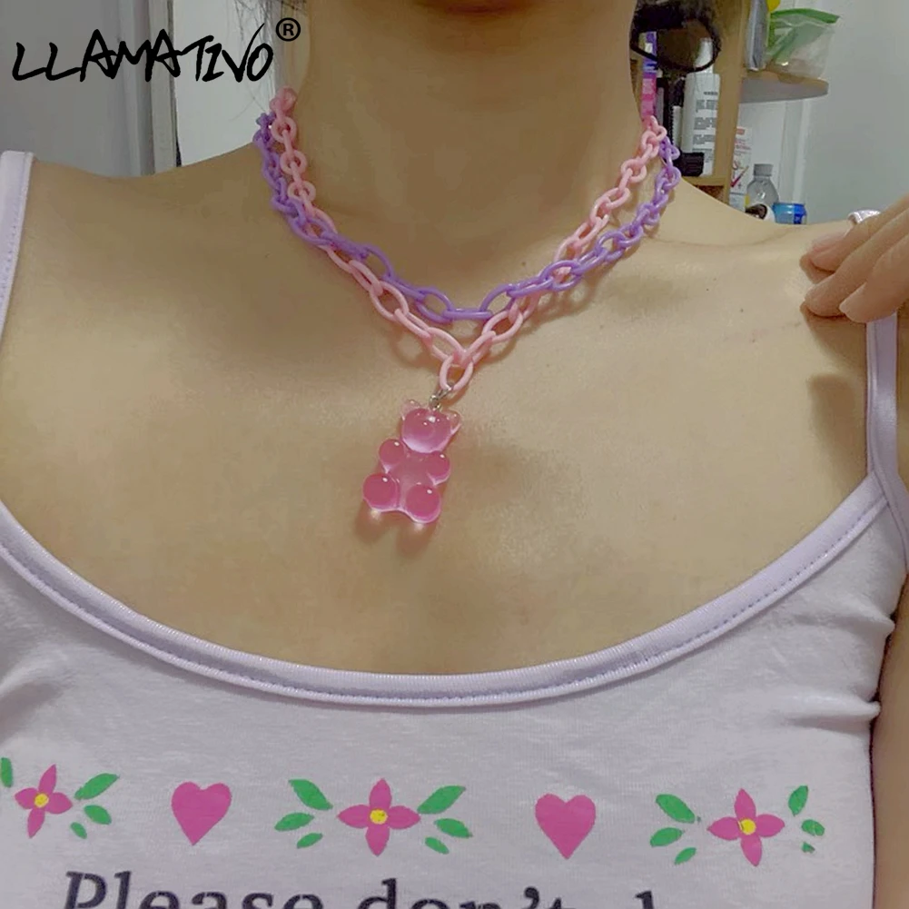 

Pink Gummy Bear Pendant Necklace For Women Girls Kpop Transparent Jelly Bears Double layer Link Chain Necklaces Fashion Jewelry