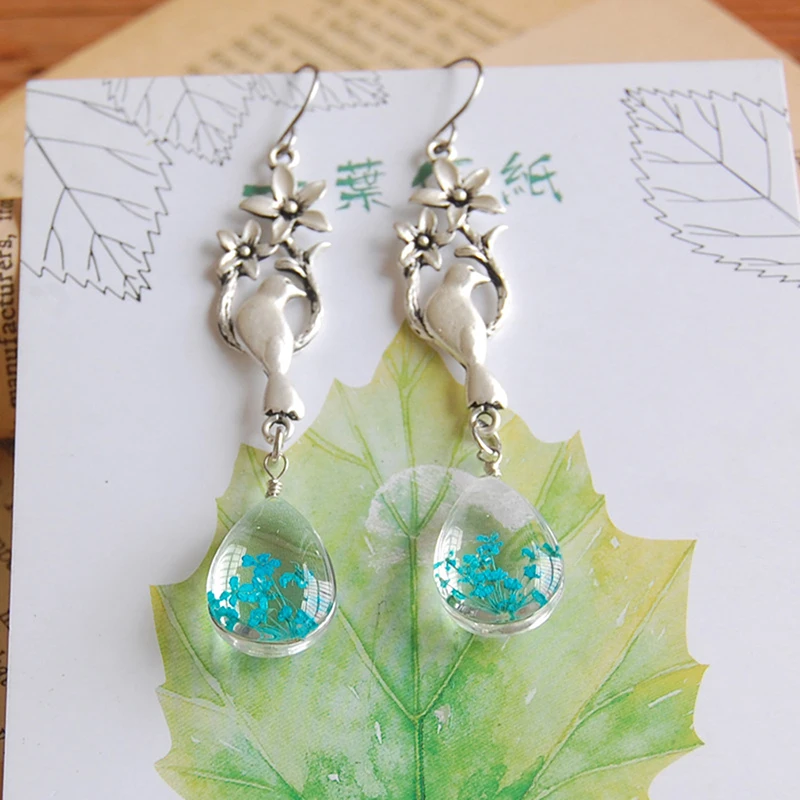 Элегантные богемные серьги Натуральные сушеные цветы птица длинные