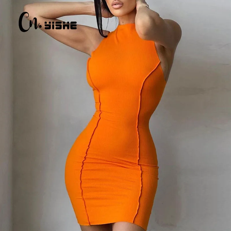 

CNYISHE Sleeveless Casual Fashion Mini Dresses Skinny Summer O-neck Women Bodycon Neon Orange Dress Streetwear Vestidos Robes