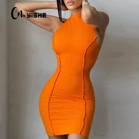 cnyishe sleeveless casual fashion mini dresses skinny summer o neck women bodycon neon orange dress streetwear vestidos robes