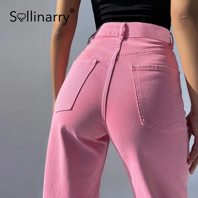 

Sollinary 2021 Autumn fashion high wasit jeans women High street lady pants Pink color long straight bottoms