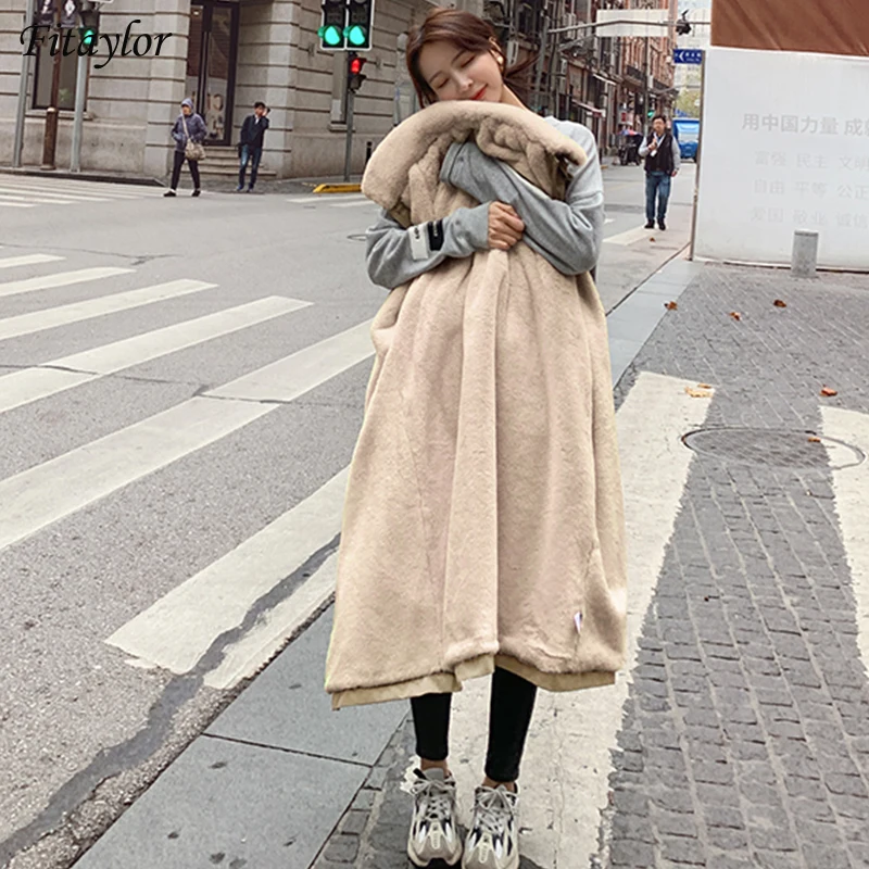 Fitaylor Spring Black Trench Coat Women Warm Long Lamb Wool Lining Jacket Khaki Thickening Windproof Street Wear Female Outwear | Женская