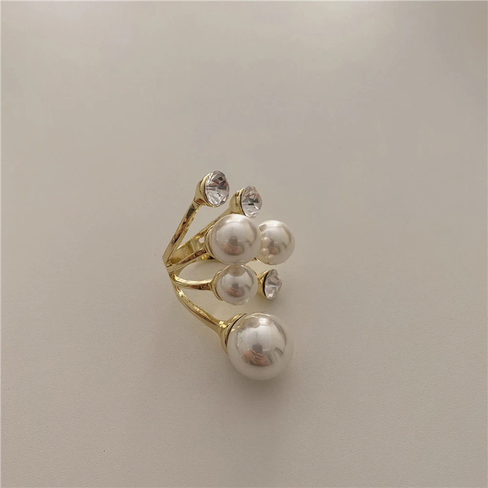 

New Elegant Retro Oversize Multi Pearl Rings for Women Lady Shiny Crystal Rhinestone Irregular Charm Open Rings Jewelry