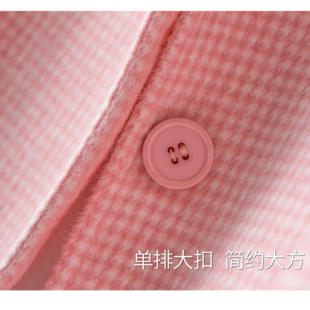 

YUANYUANJYCO Winter Women Long Office Lady Wool 100% Coat LNZDY45 Fashion Plaid Button Pocket Straight Turn-Down Black Clothes