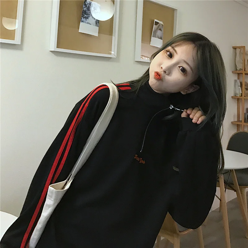 

Осень 2021, женские толстовки большого размера с воротником, на молнии, с двумя полосками