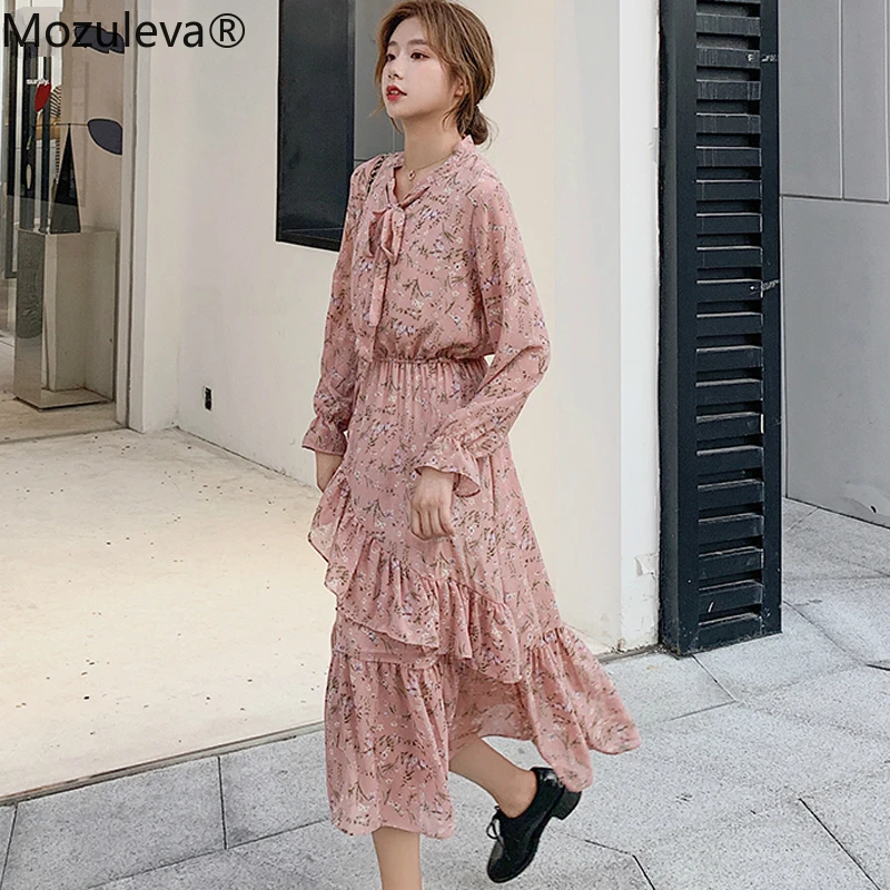 Mozuleva Floral Print Chiffon Women Dress Lace Up Collar Irregular Ruffles Female Long Vintage Flare Sleeve A-line Vestido | Женская