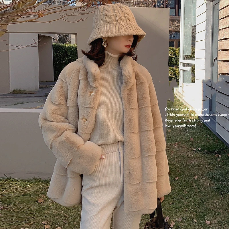 

Winter 2021 Thick Fur Coat Female Stand-Up Collar Wide Stripe Faux Fur Jacket Casual Plus Size Women's Overcoat
