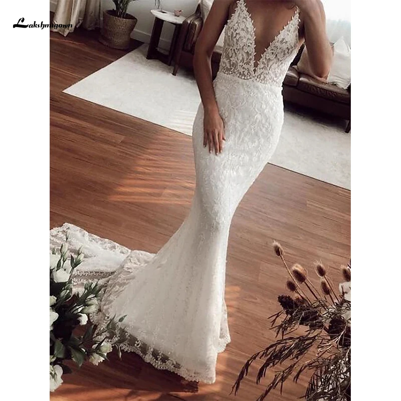 

Newest Mermaid Wedding Dresses Plunging Neck Sweep Train Lace Tulle Sleeveless Country Plus Size with Embroidery