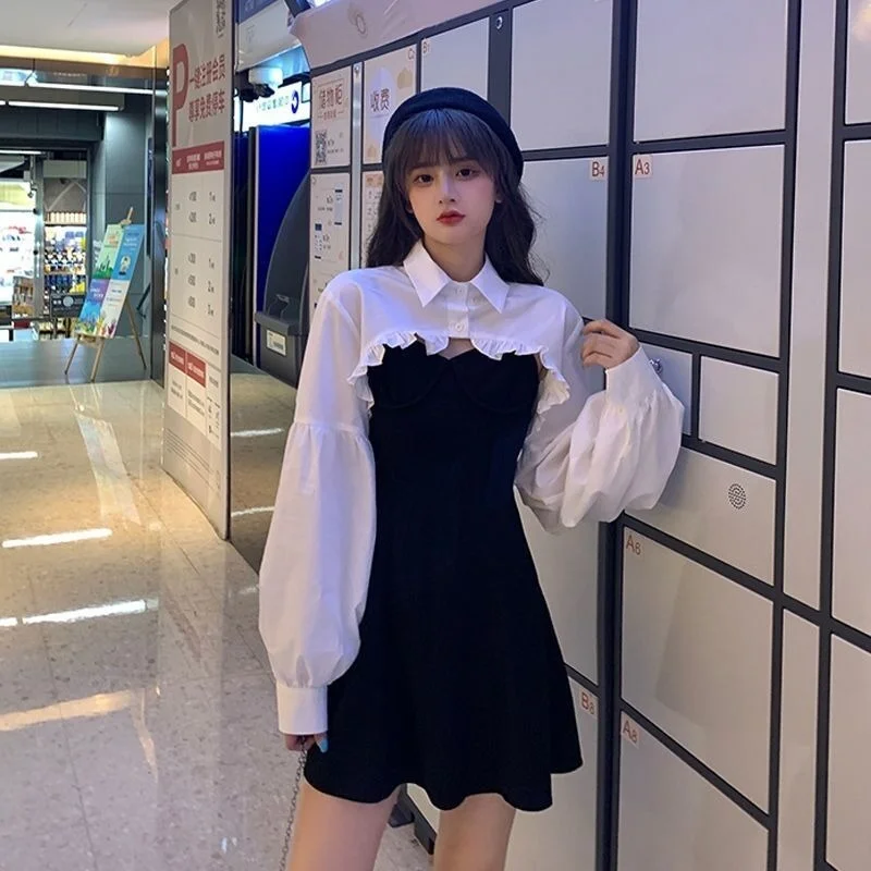 

French Retro Black Mini Dresses Spring 2021 Korean Version High Waist Sling Dress A Line with Long Sleeve Shawl Turn Down Collar