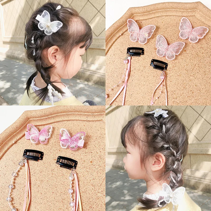 

2021 New Children Colorful Bow Hair Clip Summer Braid Girl Hairpins Super Fairy Bow Pearl Tiara Princess Ribbon Hair Accessories