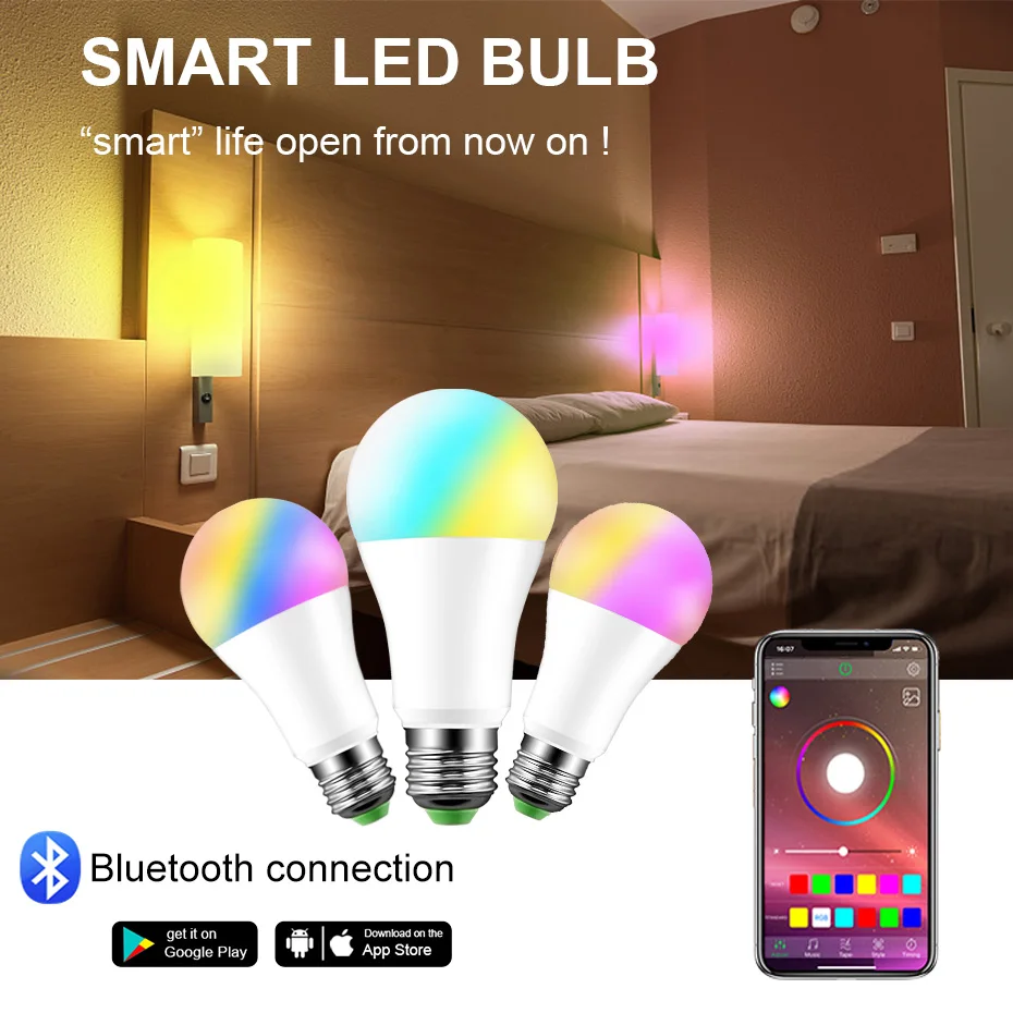 

E27 B22 Bluetooth Светодиодная лампа RGBW RGBWW светильник ПА 20 режимов AC 85-265 в 15 Вт цветная светодиодная лампа RGB теплый белый/холодный белый