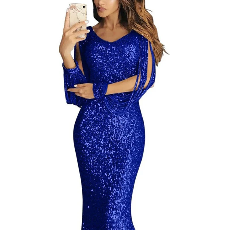 

Retro Floor Length Dress Evening Formal Party Women Slit Long Sleeve Tassel Dress Bodycon Sukienka Sexy Shiny Dress Sequin Maxi