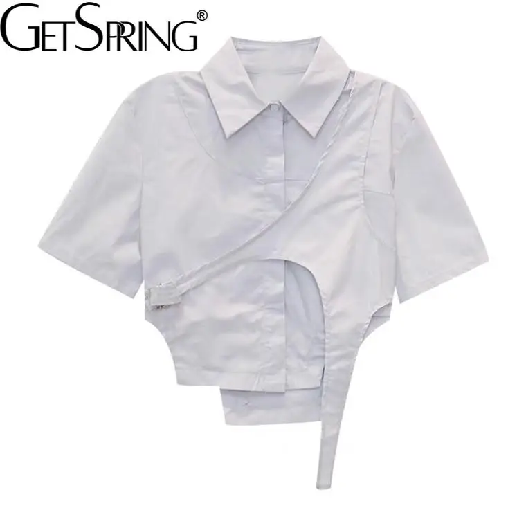 

Getspring Women Blouse Shirt Asymmetry Short Women's Summer Blouses Irregular Cotton Short Sleeve Female Shirt Tops 2021 New