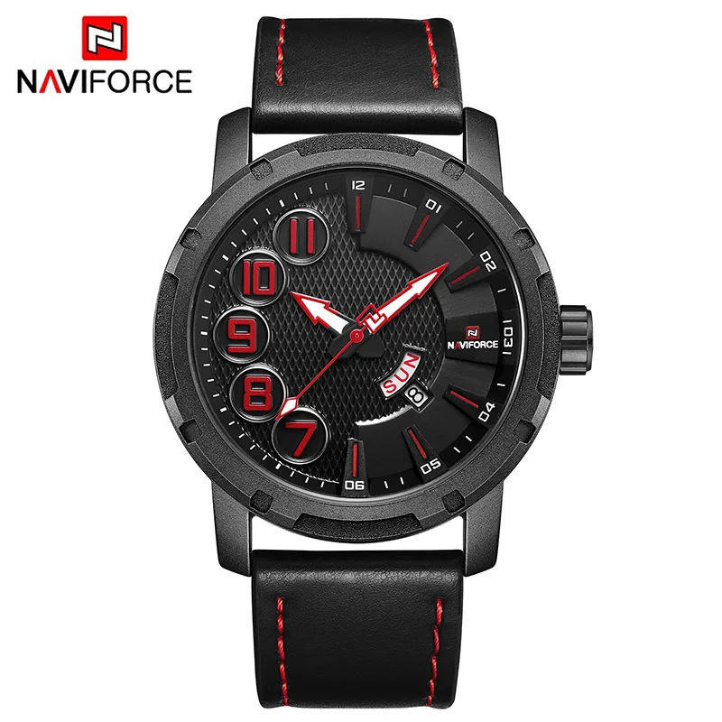 Black Red NAVIFORCE Лидирующий бренд мужские спортивные часы мужские Уникальные Роскошные Кварцевые часы с датой мужские кожаные армейские военные водонепроницаемые наручные часы - Цвет: Black Red