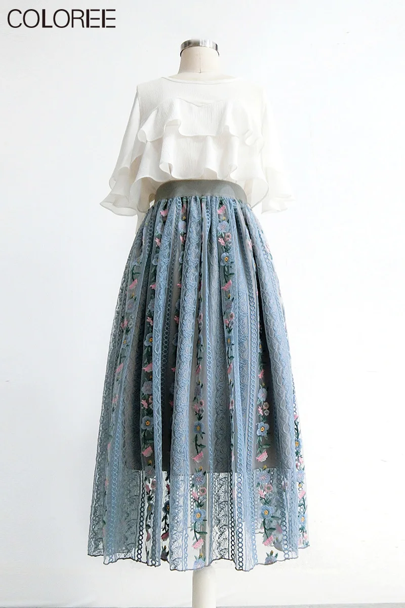 

Midi Blue Lace Skirt Women Floral Embroidery Lace-up Waist Elastic Hollow Out Midi Skirts 2021 Summer Beach Holiday Skirt New