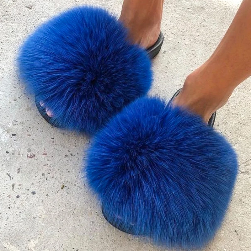 

2021 New Mixed Watermelon Color 100% Real Fox Fur Slippers And Raccon Slide Casual Shoes Fluffy Slippers Flip Flops Furry Shoes