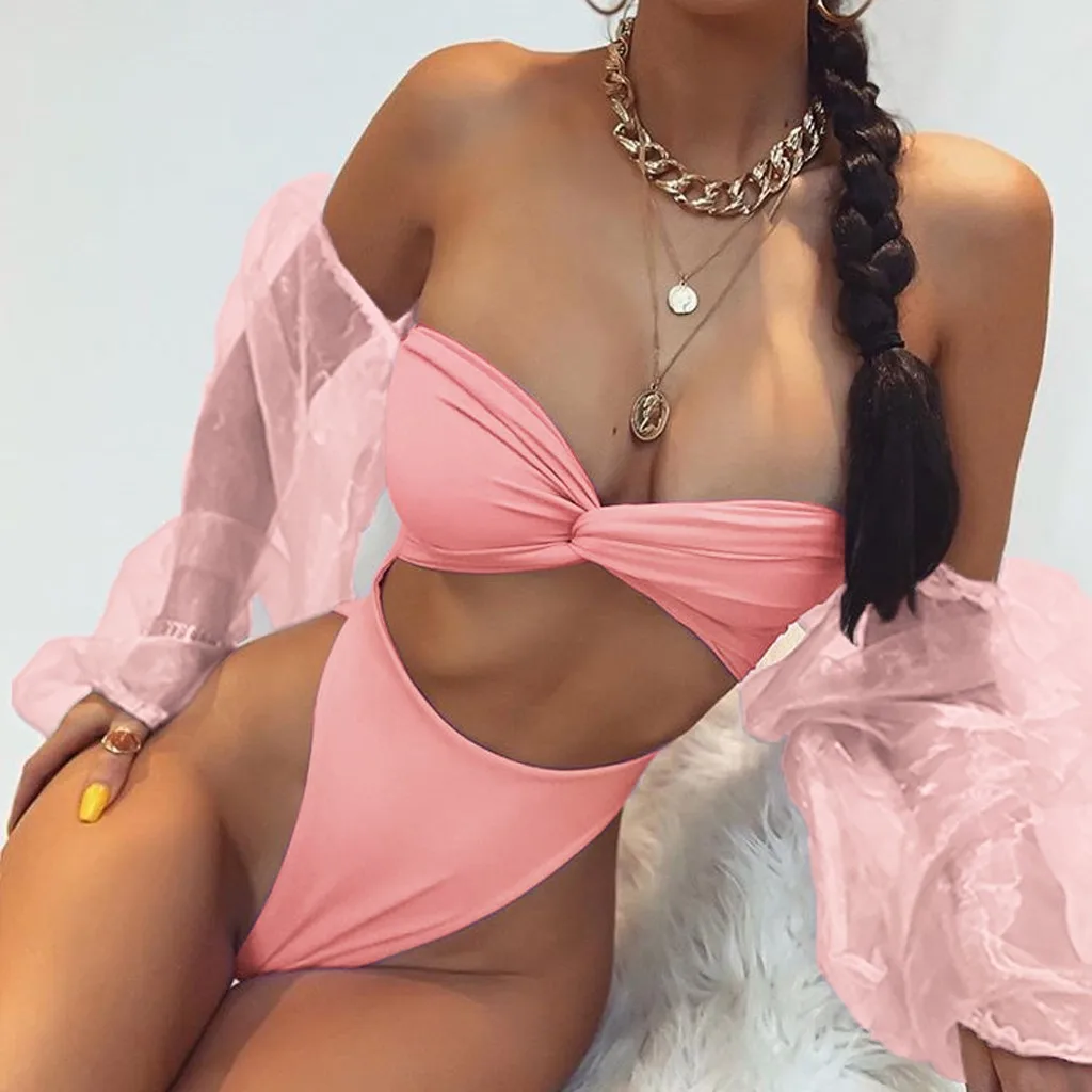 Купальник 2020 сексуальный сдельный для женщин Одноцветный с длинным рукавом в