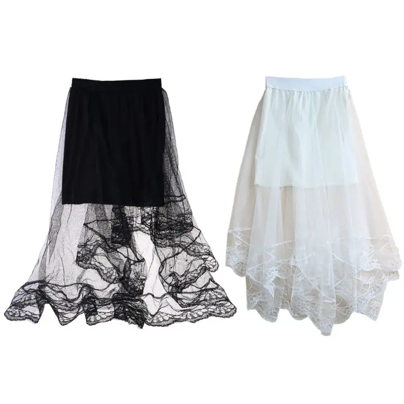 

Women High Waist Scalloped Lace Trim Midi Long Skirt Lined Solid Color Irregular Hem Pleated Double Layer Sheer Mesh Party Dress