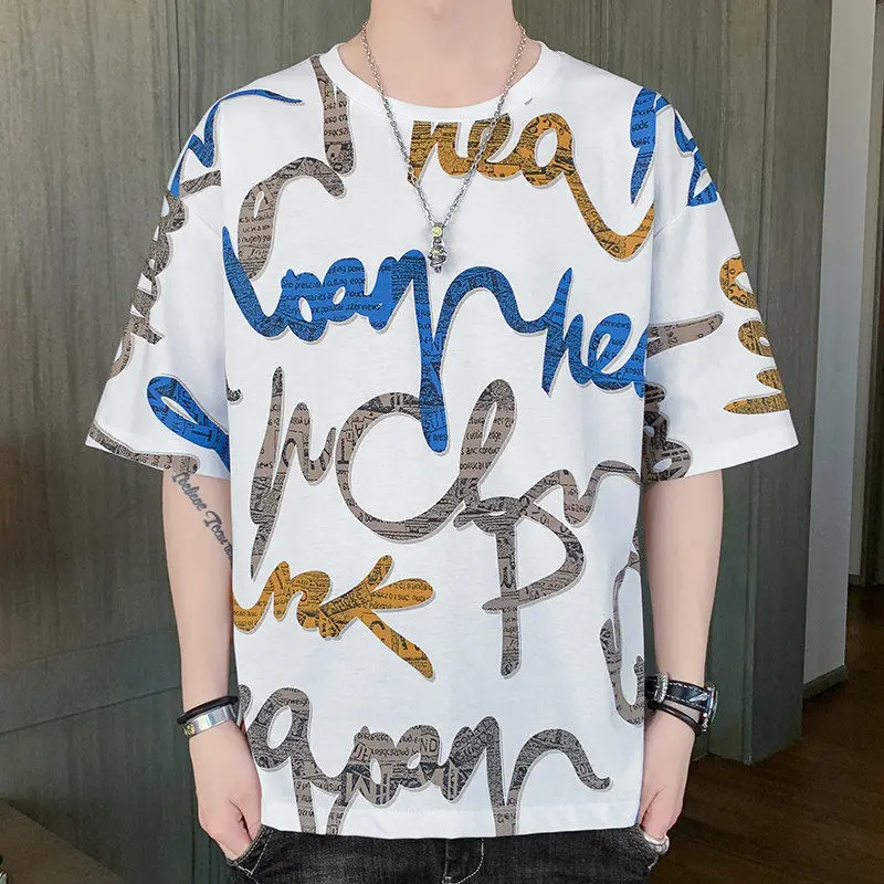 

Новинка весна-лето 2021, модная футболка с коротким рукавом, мужская Свободная рубашка с принтом и пятиконечными рукавами, Топ