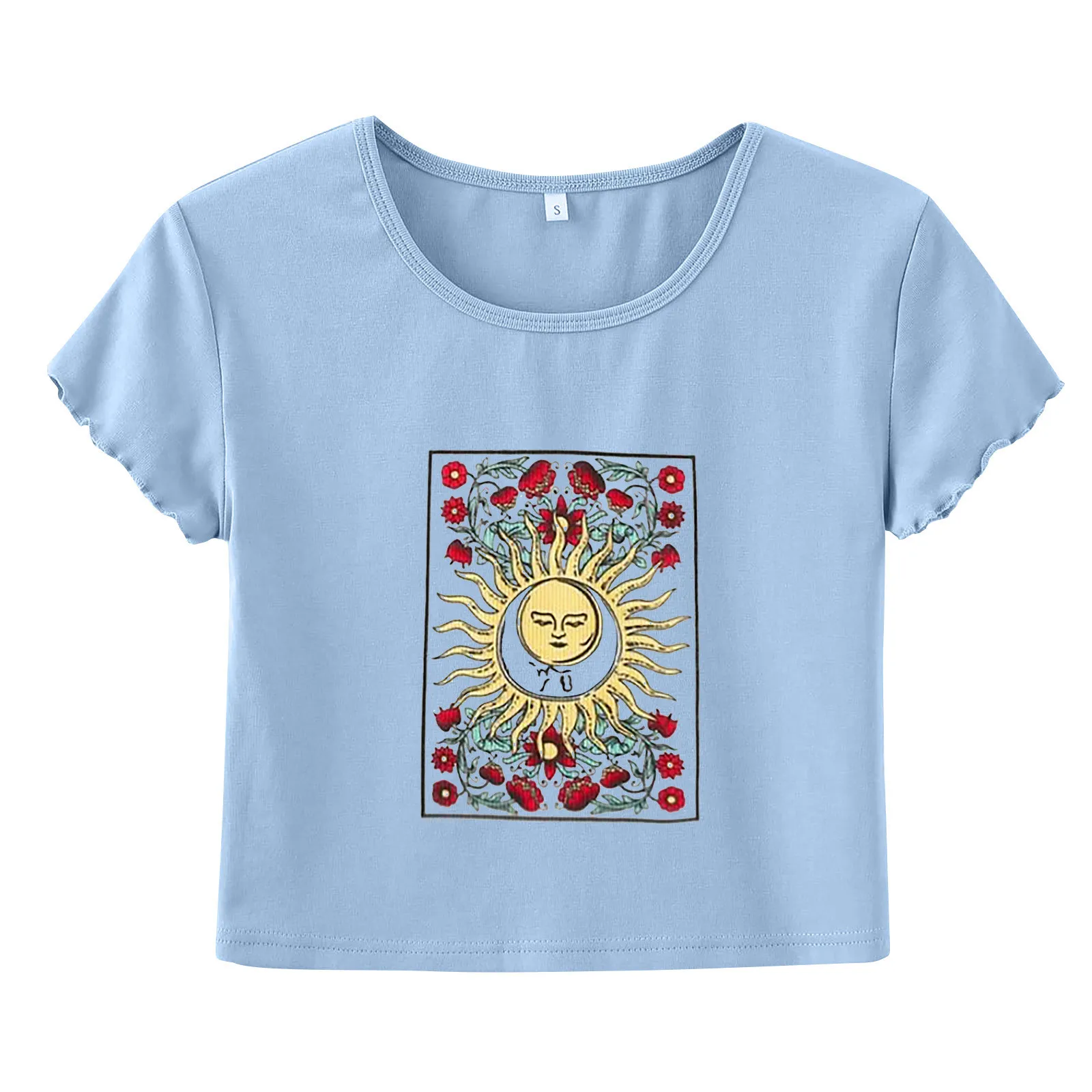 

Retro Elements Short T-shirt Women's Fashion Sun Moon Print Navel T-shirt Short Sleeve Round Neck Top #011