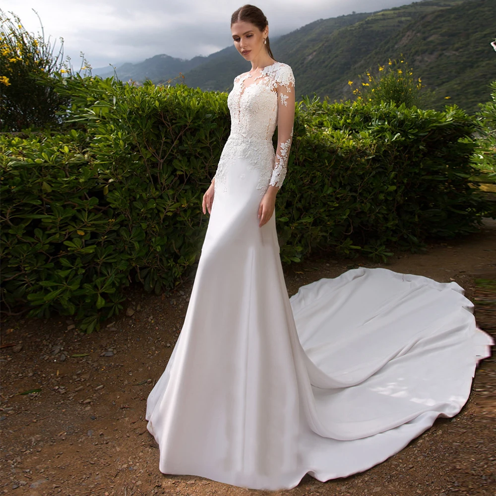 

Женское свадебное платье с длинным рукавом, кружевная юбка-годе со шлейфом и круглым вырезом, лето 2021