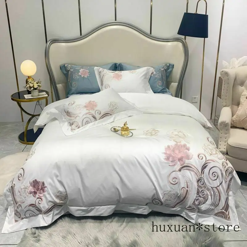 

White Blue 1000TC Satin Egyptian Cotton Bedding Set Duvet Cover Fitted Sheet