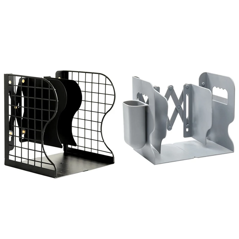 

2Pcs Adjustable Book Holder Bookends with Pen Holder Students Desk Magazine File Holder Organizer Office Book Stand Rack