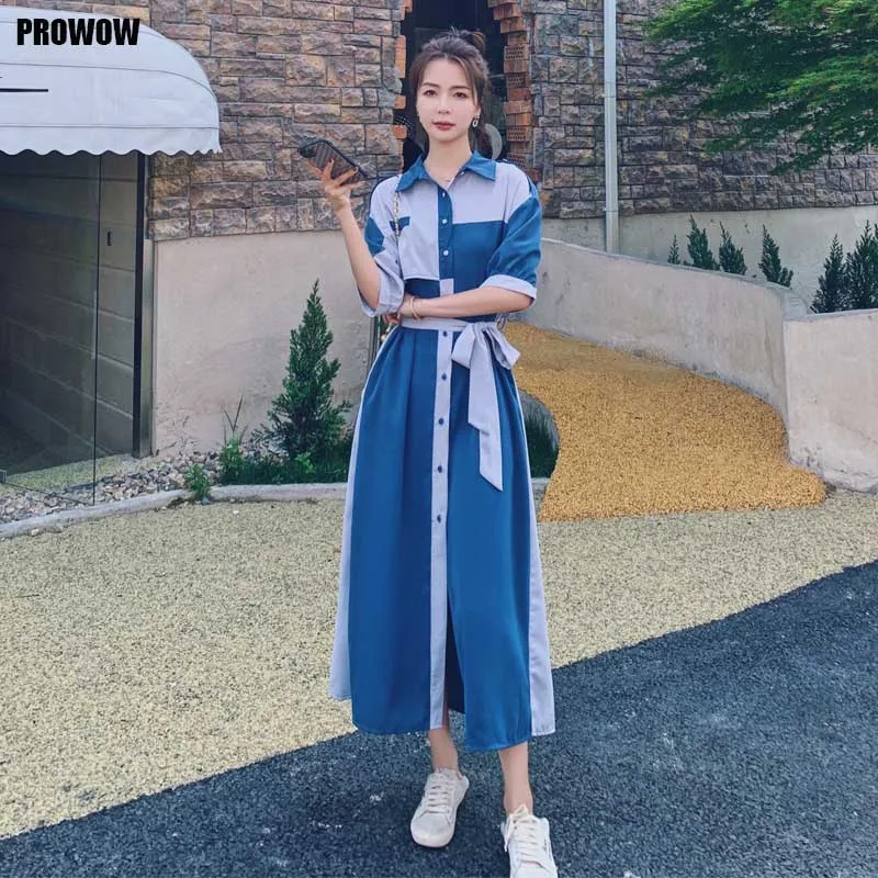 

French Vintage Lady Leisure Stitching Dress Fashion One-Piece Summer Korean Elegant Women Color Block Shirt Dress 2021 New Dress