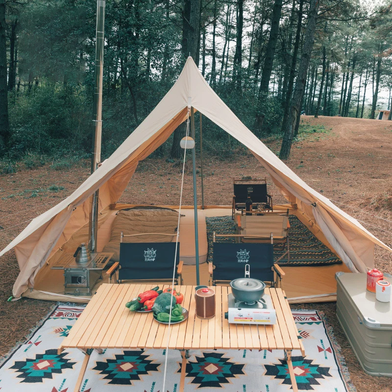 Billig Retro Haus-förmigen Außen Storm-proof Glamping Luxus Verdickt Baumwolle Nylon Tuch Große Camping Dach Zelt Traufe Haus