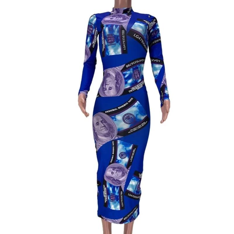 Пикантное облегающее платье средней длины с принтом долларов США платья длинным
