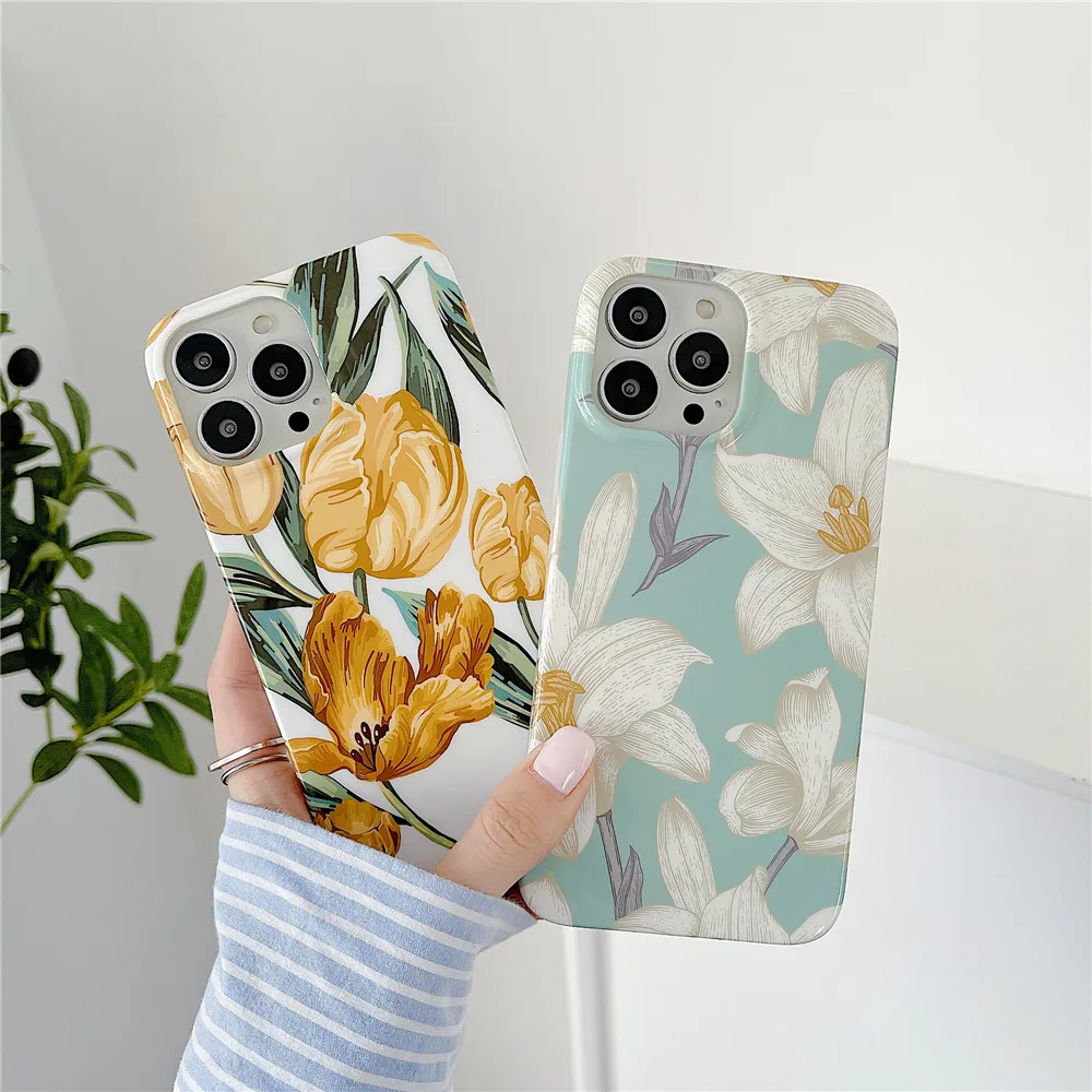 

INS Tulips Flower Pattern Phone Case For iPhone 13 12 11 PRO MAX XS X XR 7 8 PLUS Silicone Soft Fall-anti Back Protective Shell
