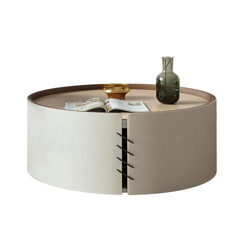 

Round Coffee Side Table Simple Leather Tea Table Saddle Leather Coffee Table